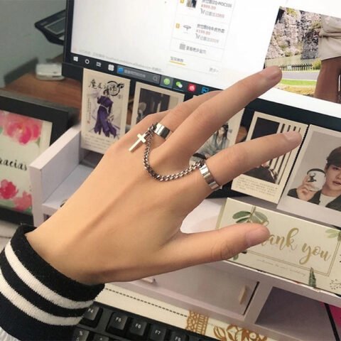 2 Piece Punk Cross and Chain Design Adjustable Silver Ring Set