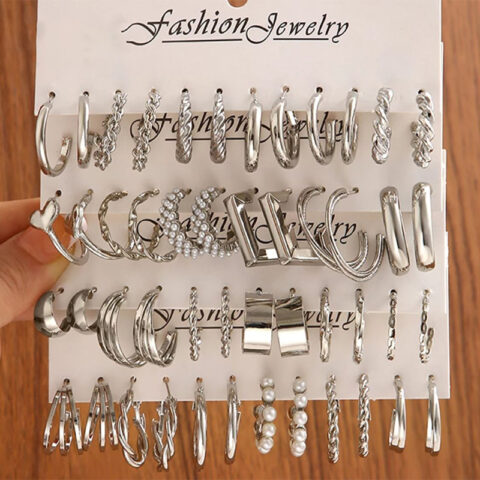 24 Pairs Unique Style Silver Colored Earrings Set