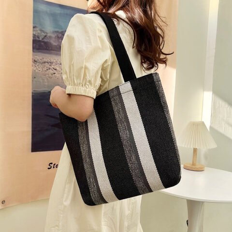 Korean Striped Canvas Casual Large Capacity Shoulder Bag for Women