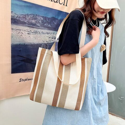 Korean Striped Canvas Casual Large Capacity Shoulder Bag for Women