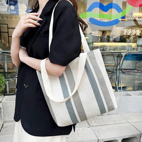 Korean Striped Canvas Casual Large Capacity Shoulder Bag for Women