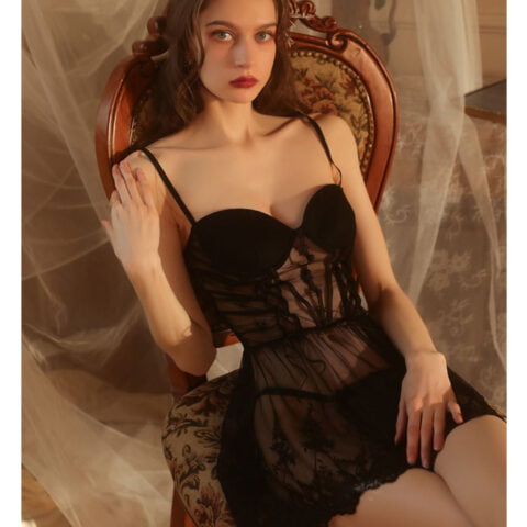 Hers Erotic Lingerie Sexy Mesh Underwire Backless Straps Nightdress Uniform Set