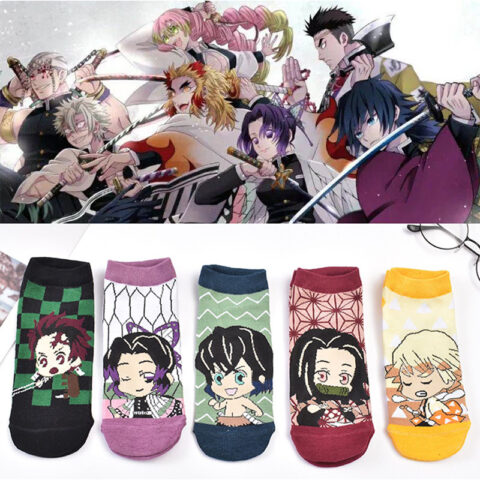 Trendy Design Cosplay Japanese Anime Demon Slayer Character Ankle Socks for Women Pack of 5