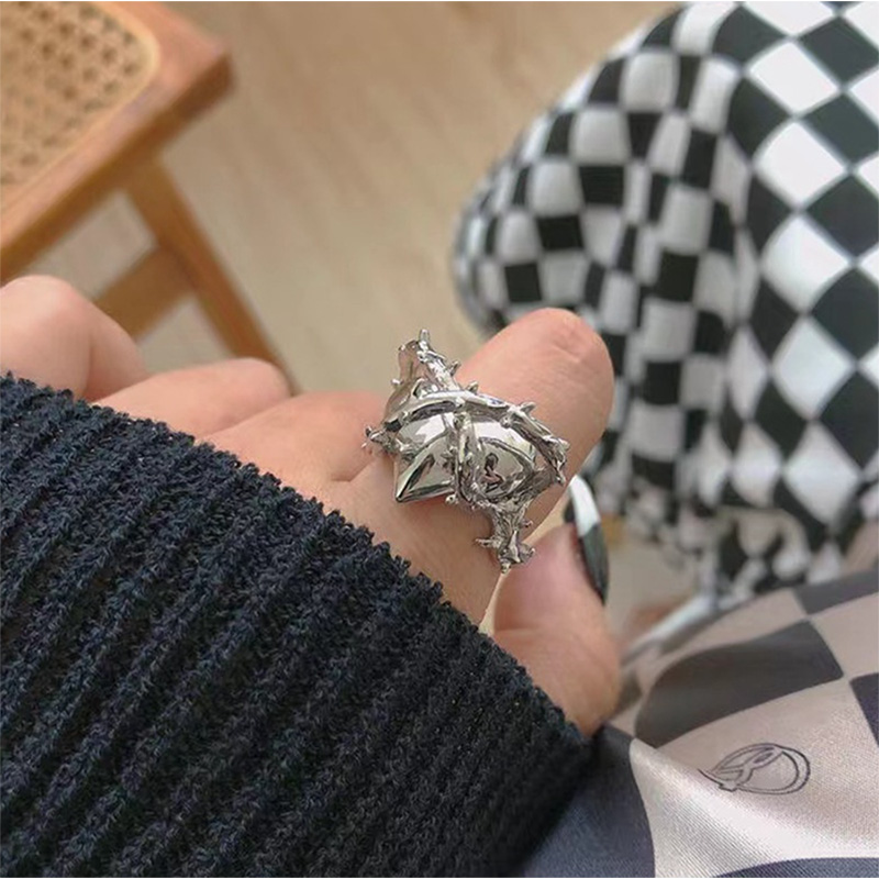 Punk Gothic Thorns White Silver Color Heart Metal Opened Unisex Adjustable Ring3