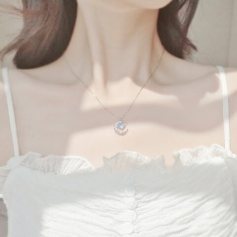 Fantasy Planet Starry Sky Glass Moon Dainty Necklace for Women