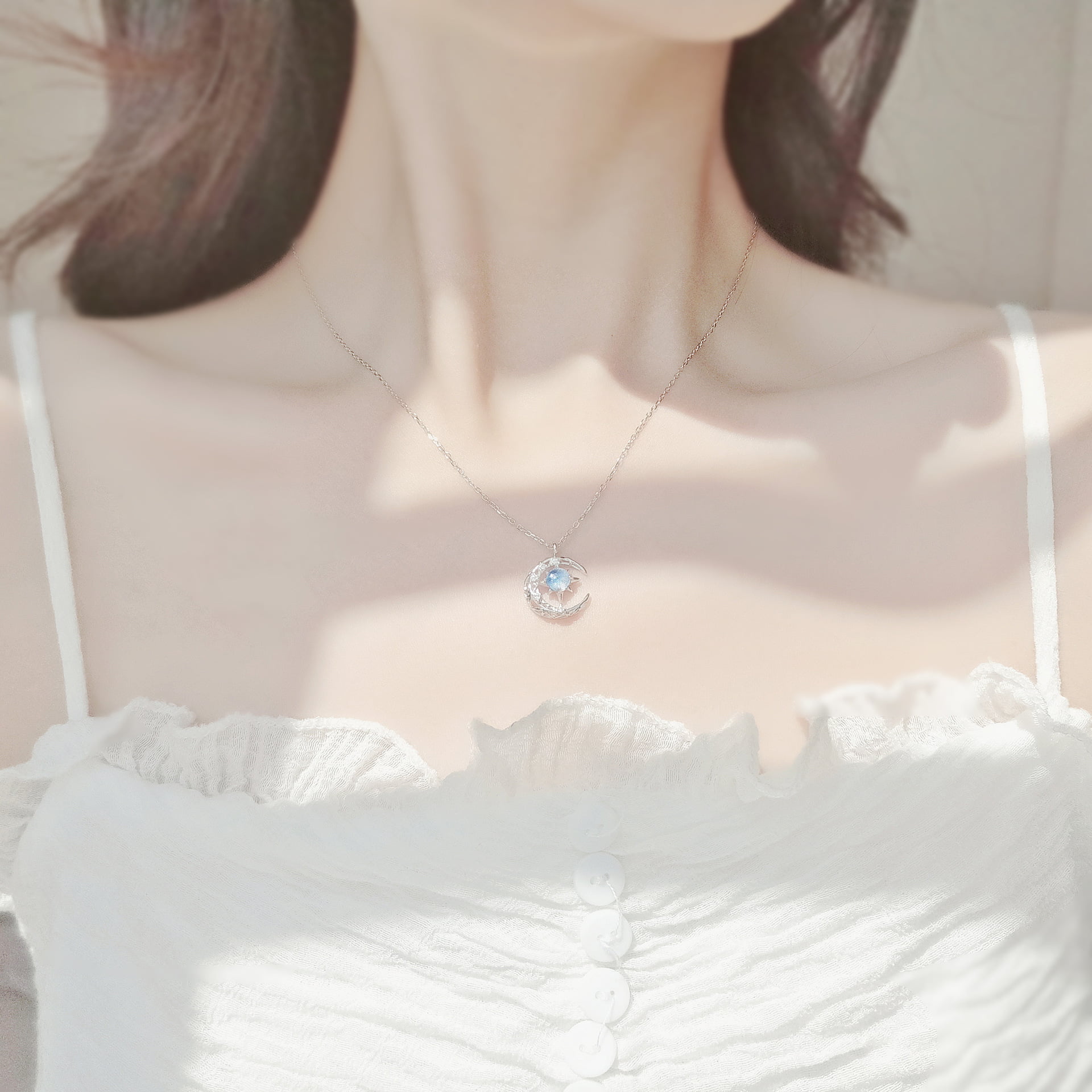 Fantasy Planet Starry Sky Glass Moon Dainty Necklace for Women