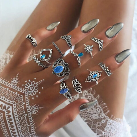 13 Pieces Ocean Blue Themed Boho Bohemian Rings Set