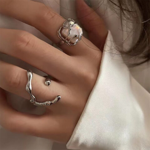 2 Pieces Adjustable Big Stone and Abstract Themed Ring for Women
