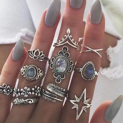 10 Pcs Boho Bohemian Stone Themed Pinterest Inspired Ring Set