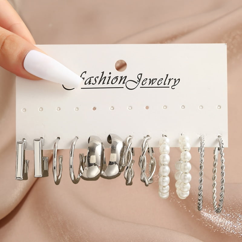 16 Pairs Unique Viral Minimal Pearl Marble Silver Hoop Earrings Set - Image 4