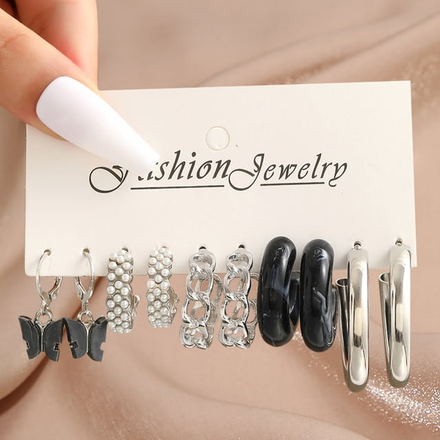 16 Pairs Unique Viral Minimal Pearl Marble Silver Hoop Earrings Set - Image 2
