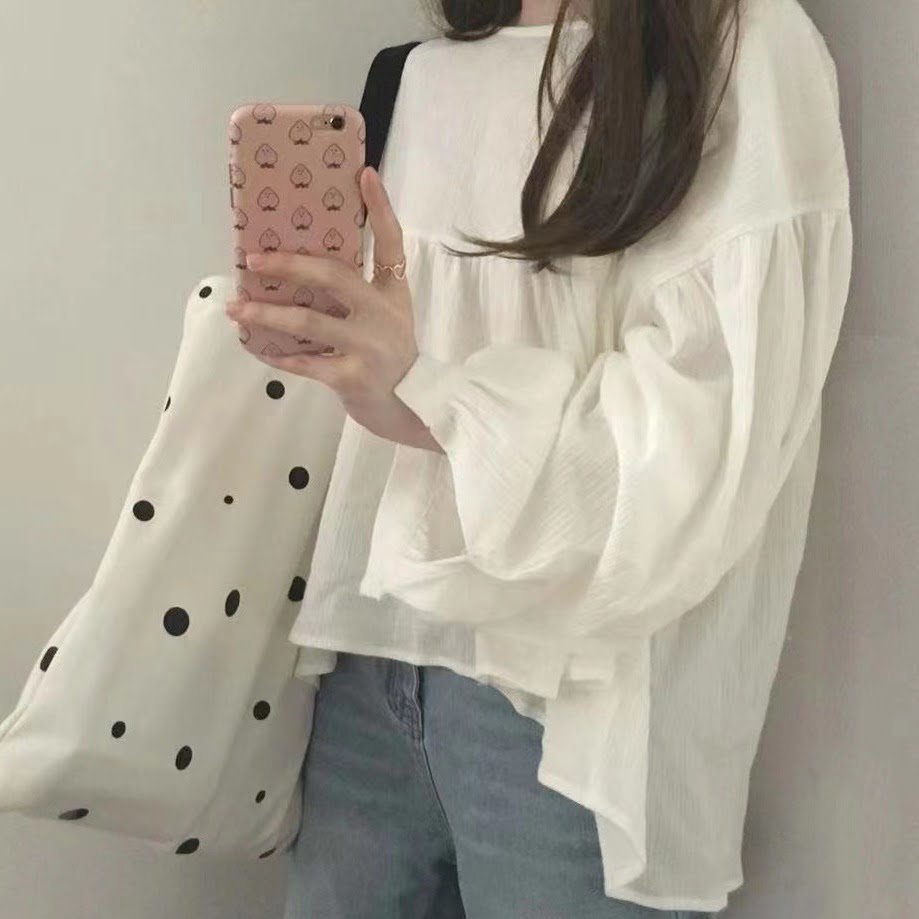 Korean Simple Polka Dot Canvas Tote Bag Printed Shoulder Bags for Women - Image 5