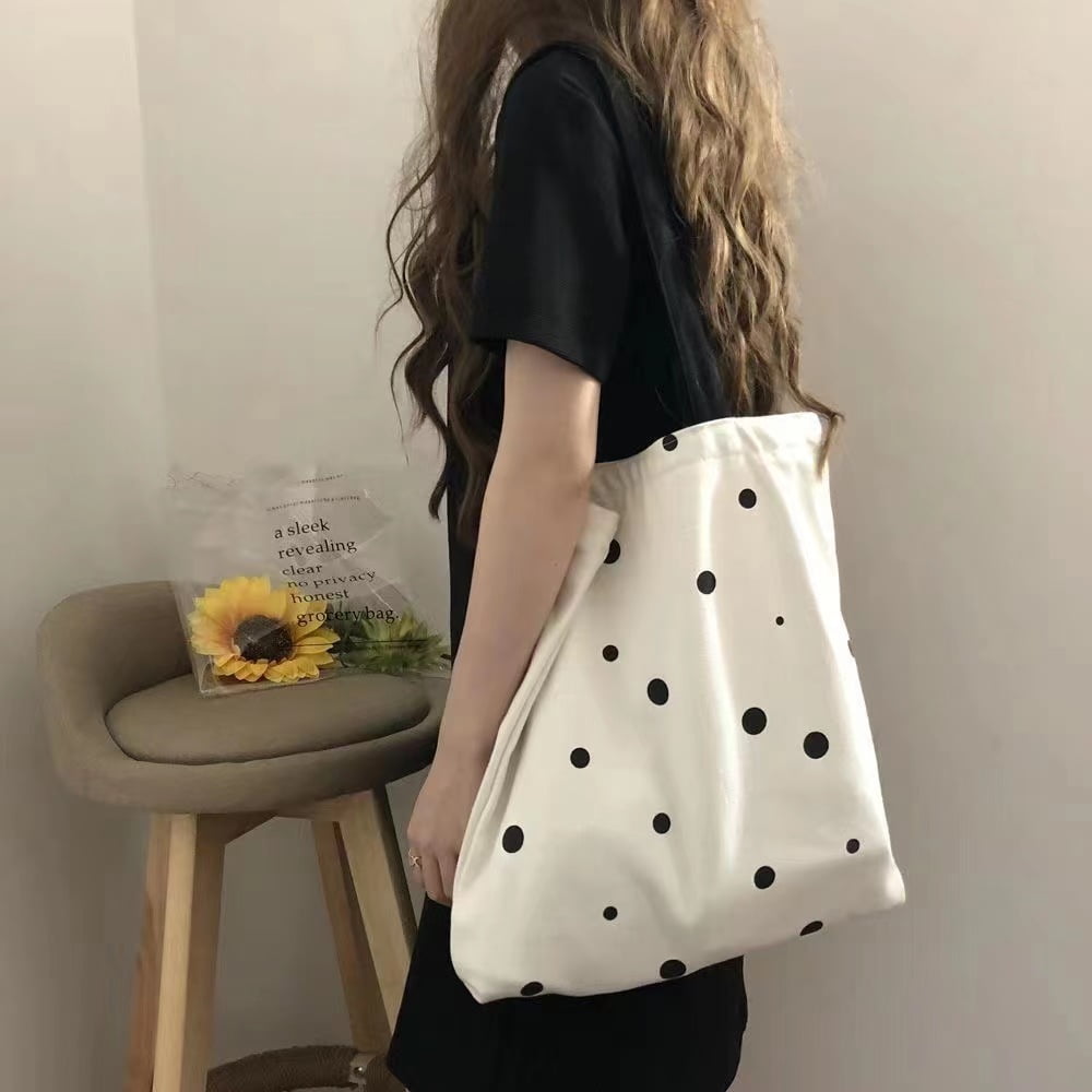Korean Simple Polka Dot Canvas Tote Bag Printed Shoulder Bags for Women - Image 3