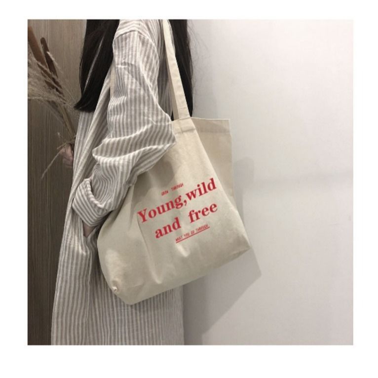 Korean Simple Canvas Tote Bag Kawaii Printed Shoulder Bags for Women