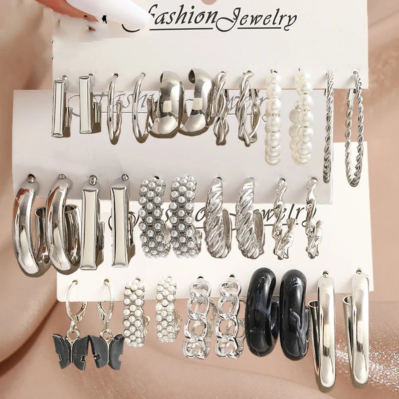 16 Pairs Unique Viral Minimal Pearl Marble Silver Hoop Earrings Set