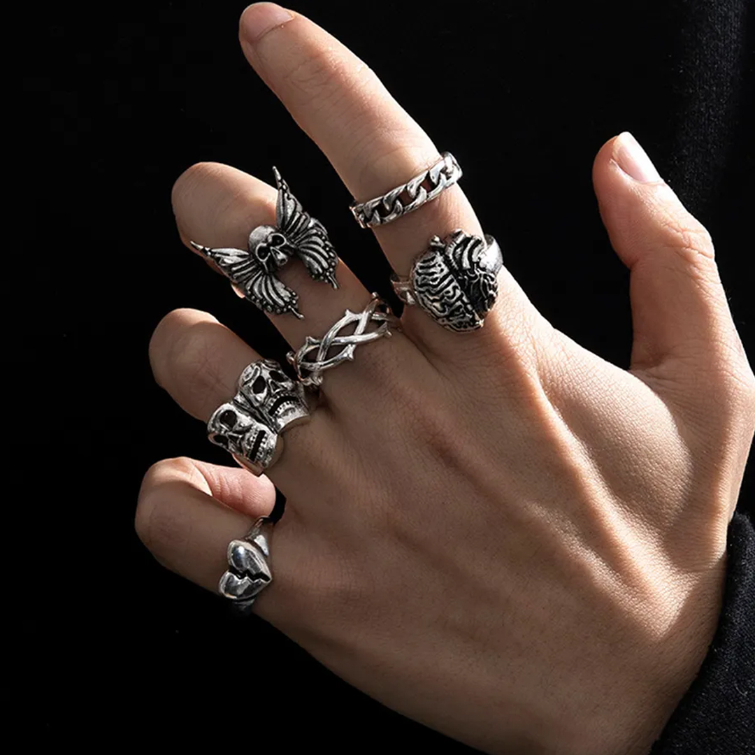 Silver Color Chunky Heavy Metal Hip Hop Street Style Alloy Ring Set For Men | 6 Pieces - Image 3