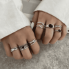 Silver Color Black Stone-Themed Trendy Adjustable Ring For Women - 7 Pieces