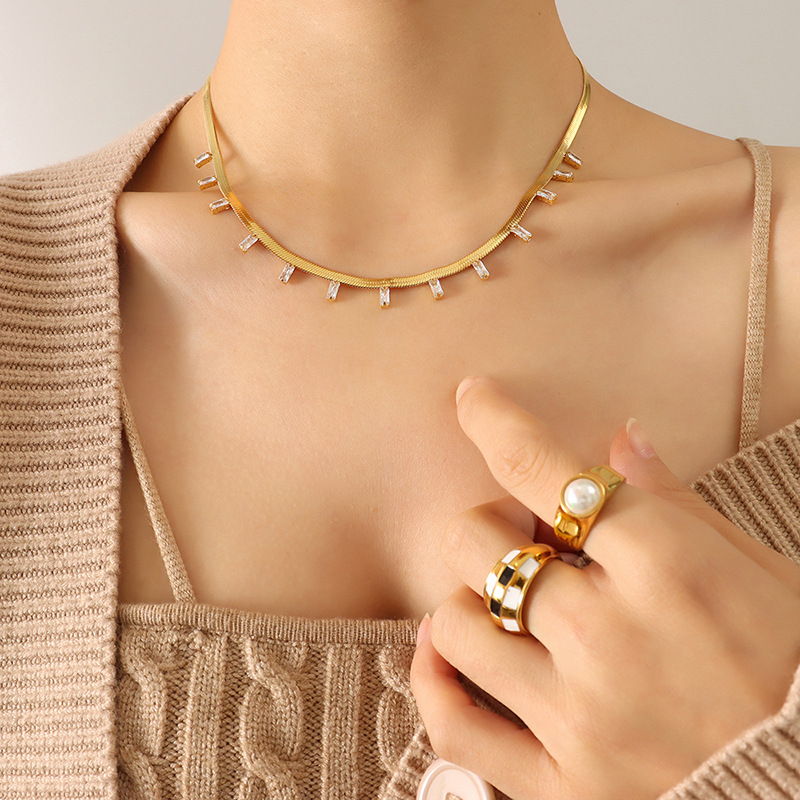 14K Gold Plated AD Zircon Necklace Flat Snake Chain Square Choker for Women
