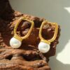 Stainless Steel Framed Vintage Drop Earrings Trendy Pearl Earring Hoops for Women