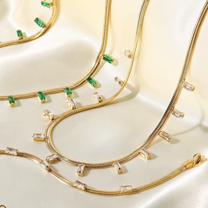 14K Gold Plated AD Zircon Necklace Flat Snake Chain Square Choker for Women - Image 4