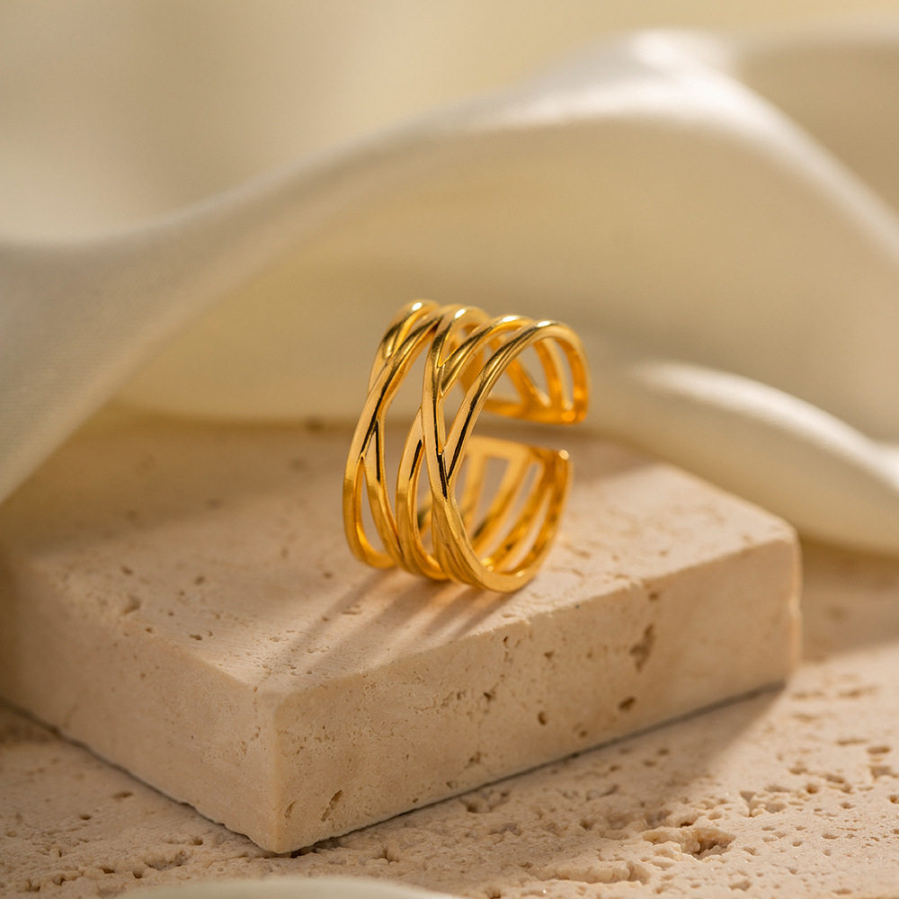 18K Gold Plated Intricate Ring Trendy Aesthetic Stainless Steel Adjustable Rings Hand Jwelery for Women - Image 2