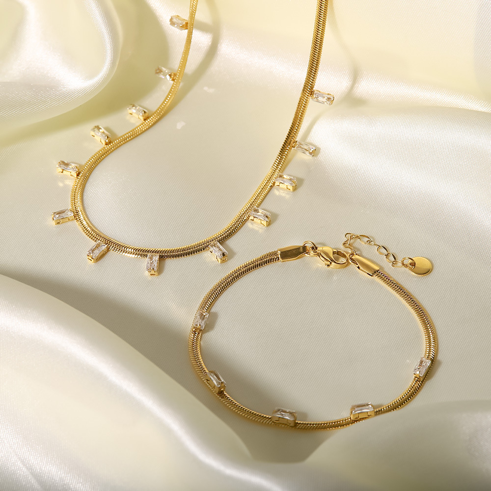14K Gold Plated AD Zircon Necklace Flat Snake Chain Square Choker for Women - Image 3