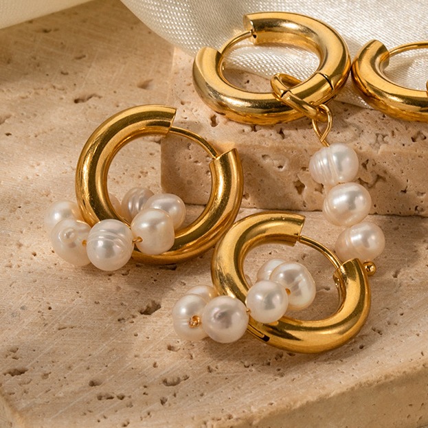18K Gold Plated Drop Earrings Trendy Pearl Mini Earring Hoops for Women - Image 2