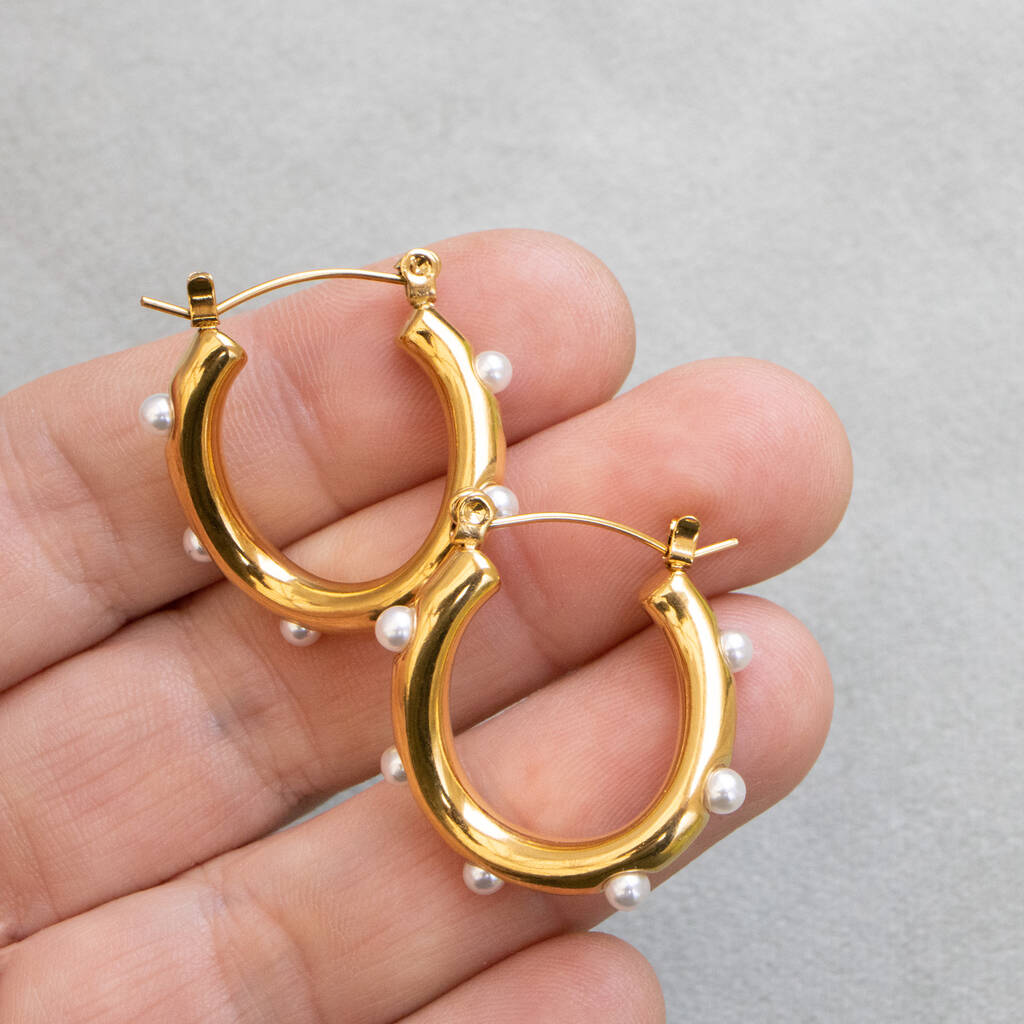18k Gold Plated Twisted Hoops Inlaid Pearls Trendy Aesthetic Elegant Hoop Earrings for Women - Image 7