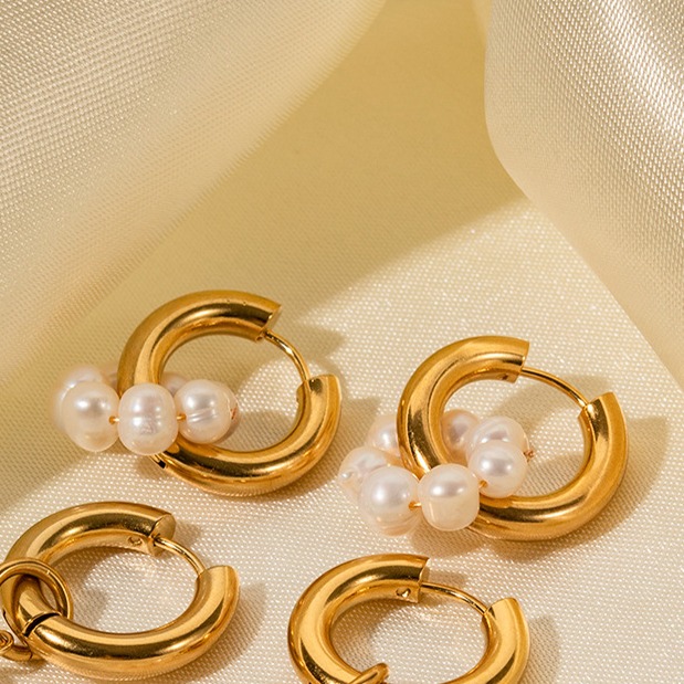 18K Gold Plated Drop Earrings Trendy Pearl Mini Earring Hoops for Women - Image 3