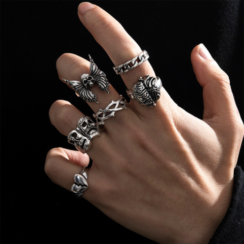 Silver Color Chunky Heavy Metal Hip Hop Street Style Alloy Ring Set For Men | 6 Pieces