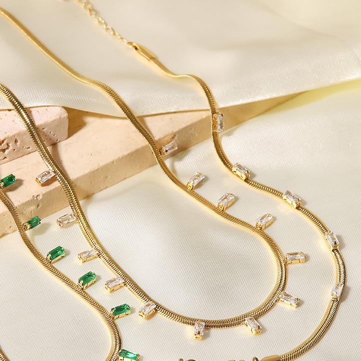 14K Gold Plated AD Zircon Necklace Flat Snake Chain Square Choker for Women - Image 5