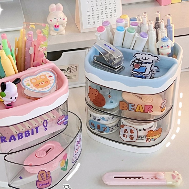 Kawaii Compact Desk Organizer Large Capacity Cartoon Drawer Style Stationery Comsetics Storage Box