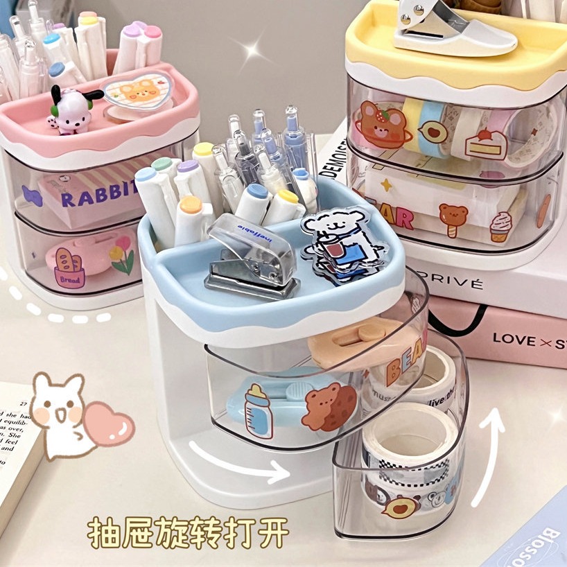 Kawaii Compact Desk Organizer Large Capacity Cartoon Drawer Style Stationery Comsetics Storage Box - Image 3