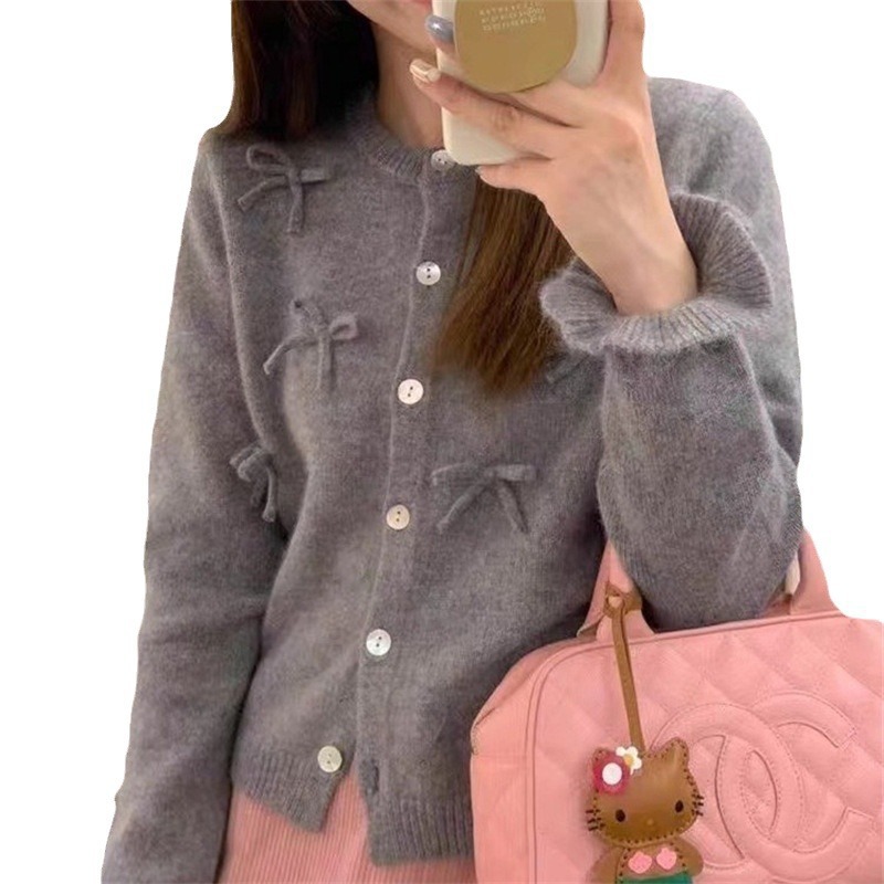 New Design French Style Small Fragrance Bow Loose Knitted Cardigan Sweater - Image 5