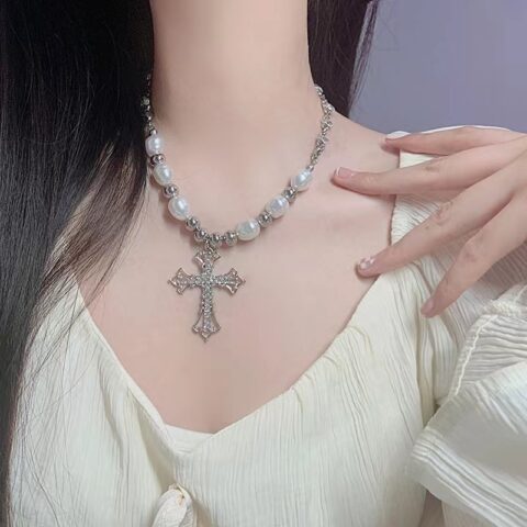 Retro Cross Pearl Pendant Hip-hop Necklace