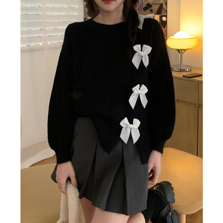 New Design French Style Small Fragrance Bow Loose Knitted Cardigan Sweater