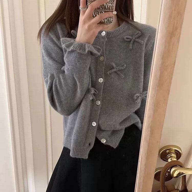 New Design French Style Small Fragrance Bow Loose Knitted Cardigan Sweater - Image 2