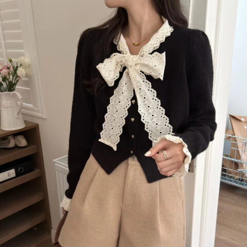 New Lace Bow Tie Sweater Gentle Style Knitted Cardigan