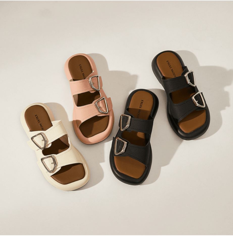 Women's Black Double Buckle Comfort Slides – Stylish Flat Sandals for Casual & Everyday Wear Slippers