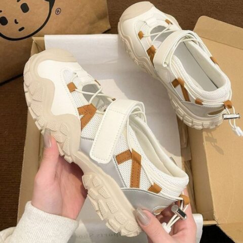 Women's Chunky Sporty Sneakers – Beige White Outdoor Trainers with Strap & Mesh Design