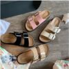 Women's Cream Double Buckle Flat Slides – Casual Comfort Slip-On Sandals
