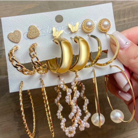9 Pcs Trendy Big Pearl Drop Earrings Set Golden Pearl Earrings Set